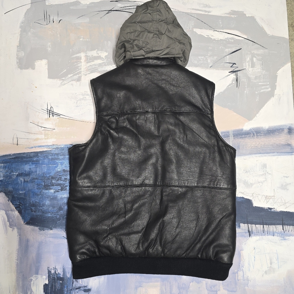 Neiman Marcus Leather Quilted Hooded Puffer Mens Down Vest XL Packable Hood - Picture 2 of 7